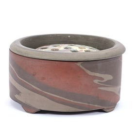 2 Part Ferner With Removable Flower Frog, Niloak Pottery First Art Mark, Mission Swirl