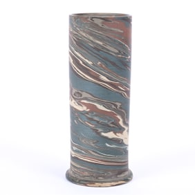 Cylinder Vase, Niloak Pottery First Art Mark, Mission Swirl, Original Blue Paper Label