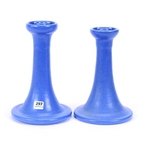 (2) Candlestick Holders, Unmarked Niloak Pottery, Hand Thrown, Ozark Blue
