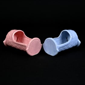 (2) Figural Baby Cradle Planters, Raised Niloak Mark, 3.5" x 6" x 3.5", (1) Pink, (1) Blue