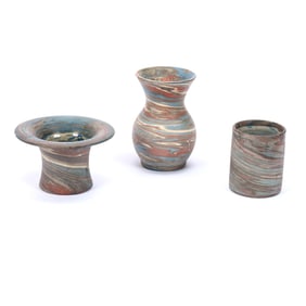 (3) Niloak Pottery Items, Mission Swirl, Each With Chips