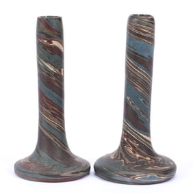 (2) Bud Vases, Niloak Pottery First Art Mark, Mission Swirl