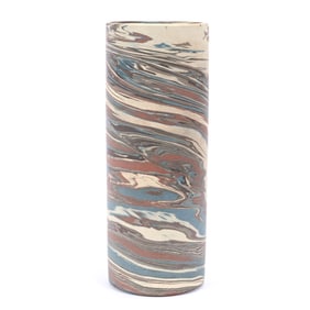 Cylinder Vase, Niloak Pottery First Art Mark, Mission Swirl, Partial Original Blue Paper Label