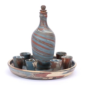 Decanter Set, Niloak Pottery Second Art Mark, Mission Swirl