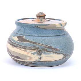 Puff Box, Niloak Pottery First Art Mark, Mission Swirl