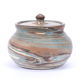 Puff Box, Niloak Pottery First Art Mark, Mission Swirl