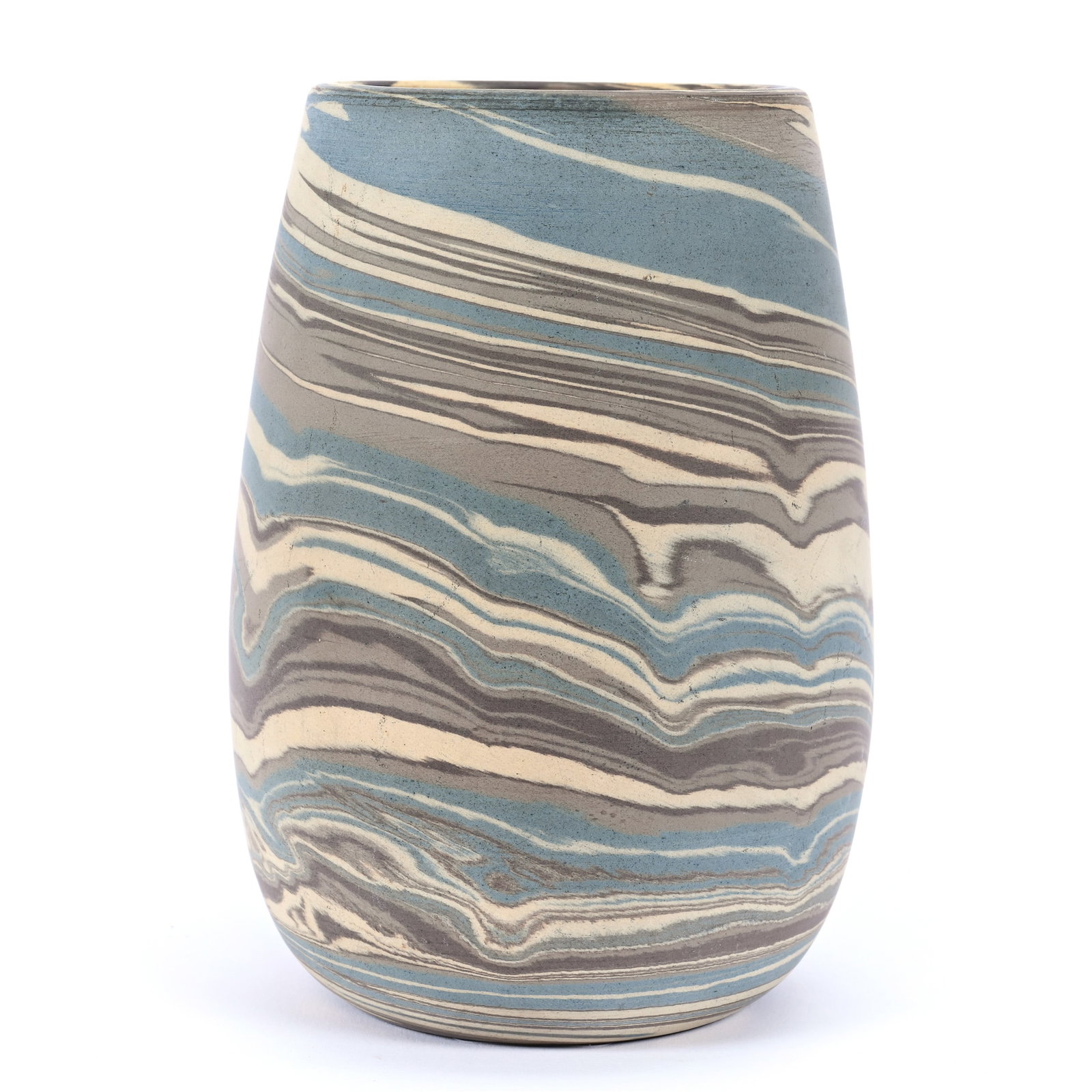 Vase, Niloak Pottery Second Art Mark, Mission Swirl: Vase, Niloak Pottery Second Art Mark, Mission Swirl, 5" x 3.5", Original Blue Paper Label, Label Covers Majority Of Mark, Dr. Jim & Janet Muse Collection, Oklahoma.