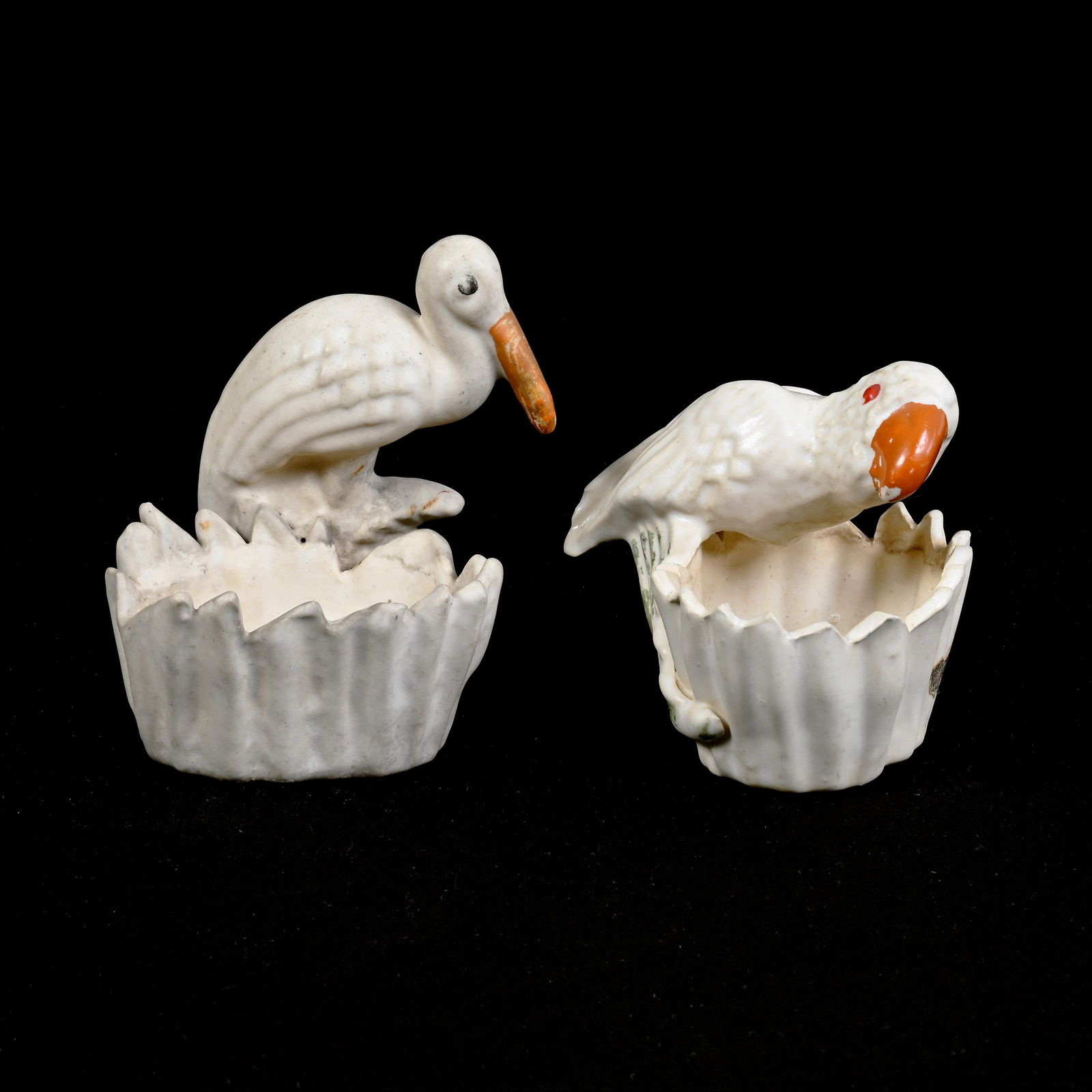 (2) Planters, Niloak Pottery, Stork And Parrot, White With Colored Highlights (1 of 3)