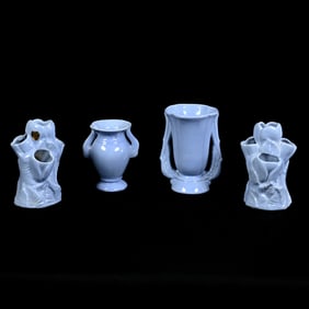 (4) Vases Marked Niloak Pottery, All Are A Soft Blue, Sizes Range From 7" To 5.75"