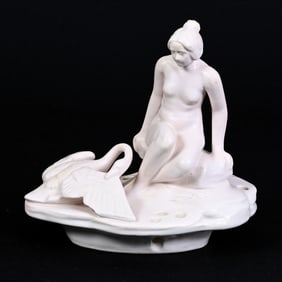 Figural Flower Frog Marked Weller Art Pottery, Leda and Swan, White Glaze