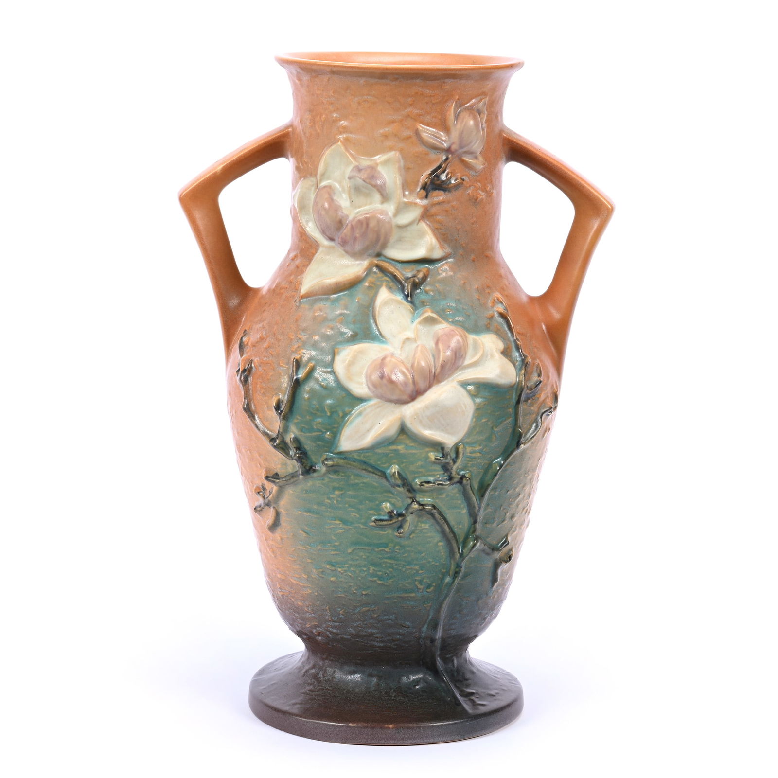 Vase, Two Handles, Roseville Art Pottery #98-16", Magnolia Pattern, Brown Tones (1 of 3)