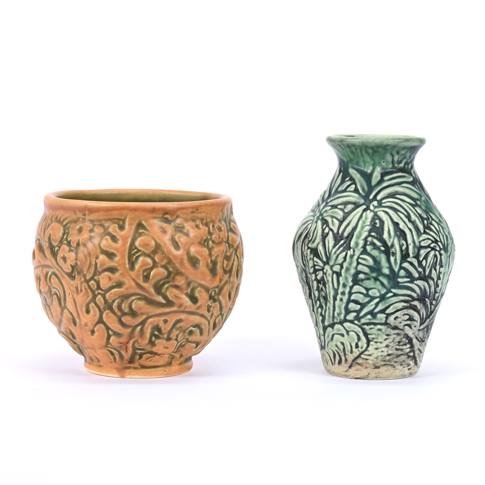 (2) Weller Art Pottery Vases, Marked, (1) 6.75" x 4.5", Marvo Pattern, Green Tones (1 of 3)