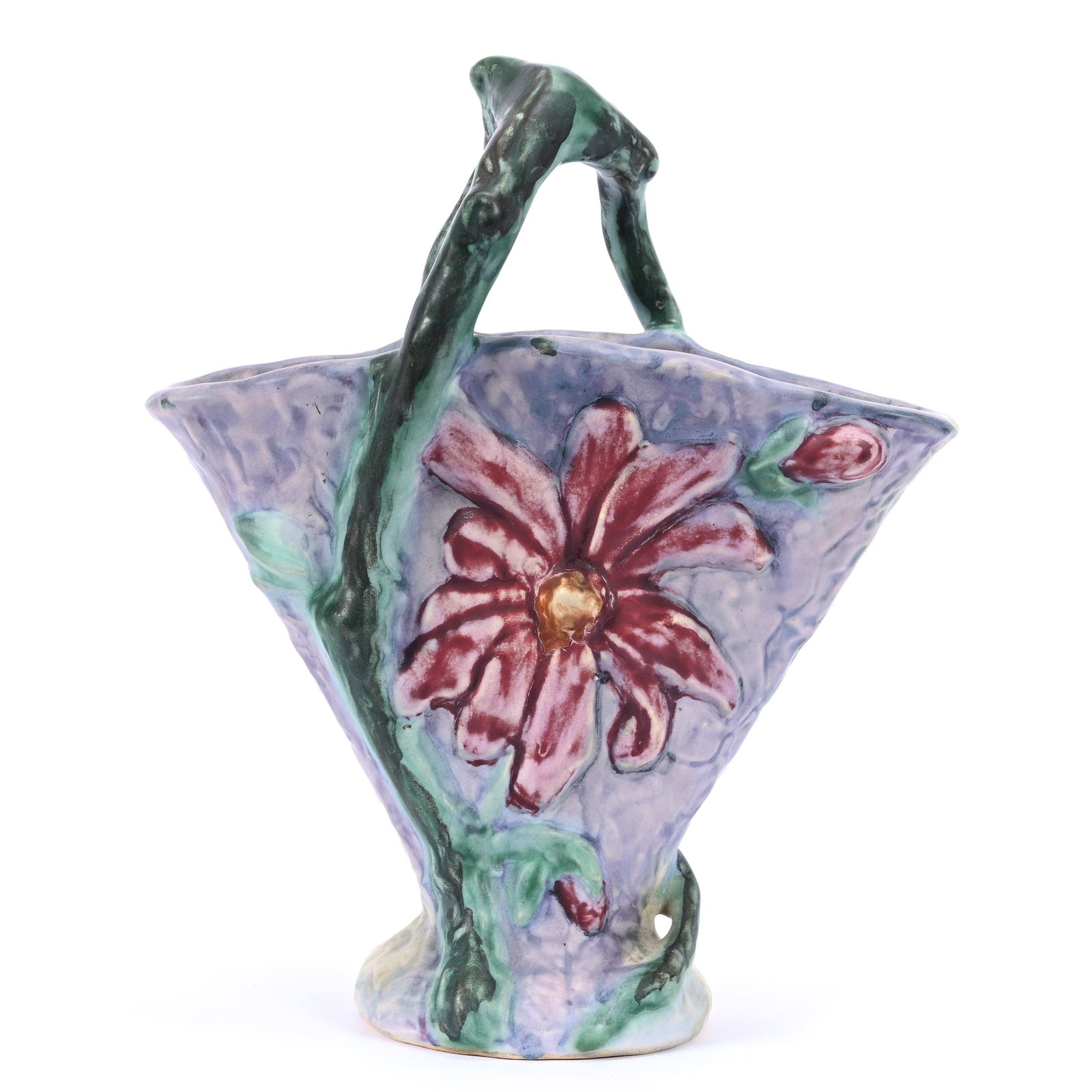 Basket, Fan Shaped, Marked Weller Art Pottery, Silvertone Pattern (1 of 3)