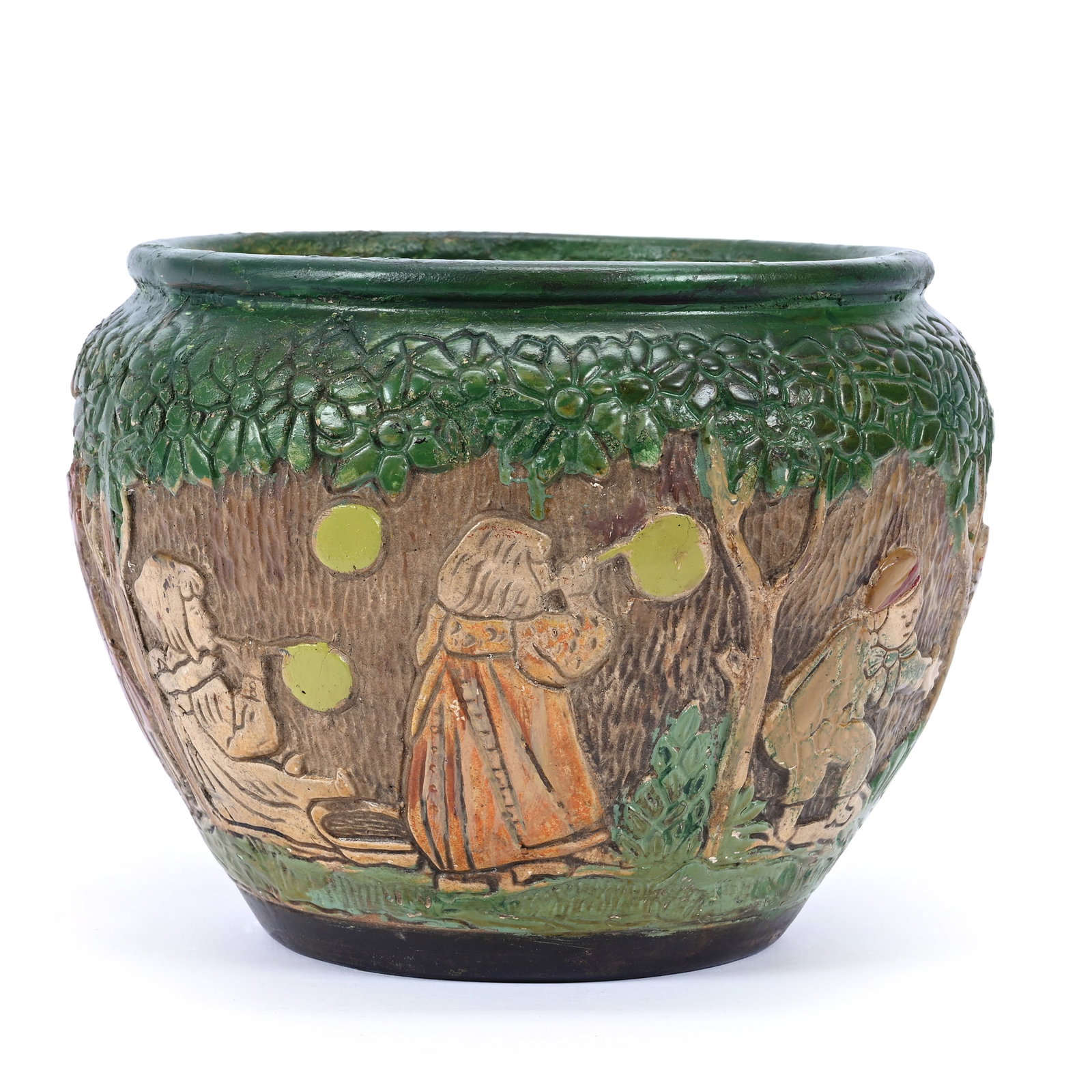 Jardiniere Marked Weller Art Pottery, Burnt Wood Dechiwo Pattern (Or Line) Featuring Children: Jardiniere Marked Weller Art Pottery, Burnt Wood Dechiwo Pattern (Or Line) Featuring Children Blowing Bubbles, Has Been Painted Post-Factory, Some Rim Flaws, 6" x 7.5", Kansas Private Collection. UPDA