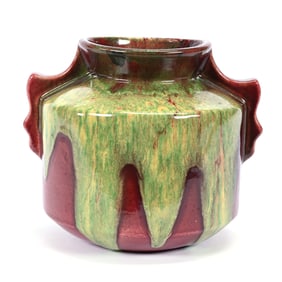 Vase Marked Weller Art Pottery, Turkis Pattern, Traditional Red And Green Drip Design, Two Handles