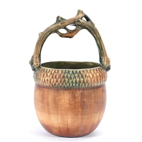 Basket Marked Weller Art Pottery, Woodcraft Pattern, Shaped Like Acorn, Nice Example