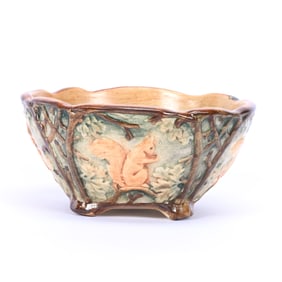 Bowl Marked Weller Ware Art Pottery, Woodcraft Squirrel Design