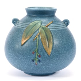 Vase Marked Weller Art Pottery, Cornish Pattern, Blue Tones