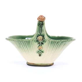 Basket Marked Weller Ware Art Pottery, Florenza Pattern, Green And White Tones