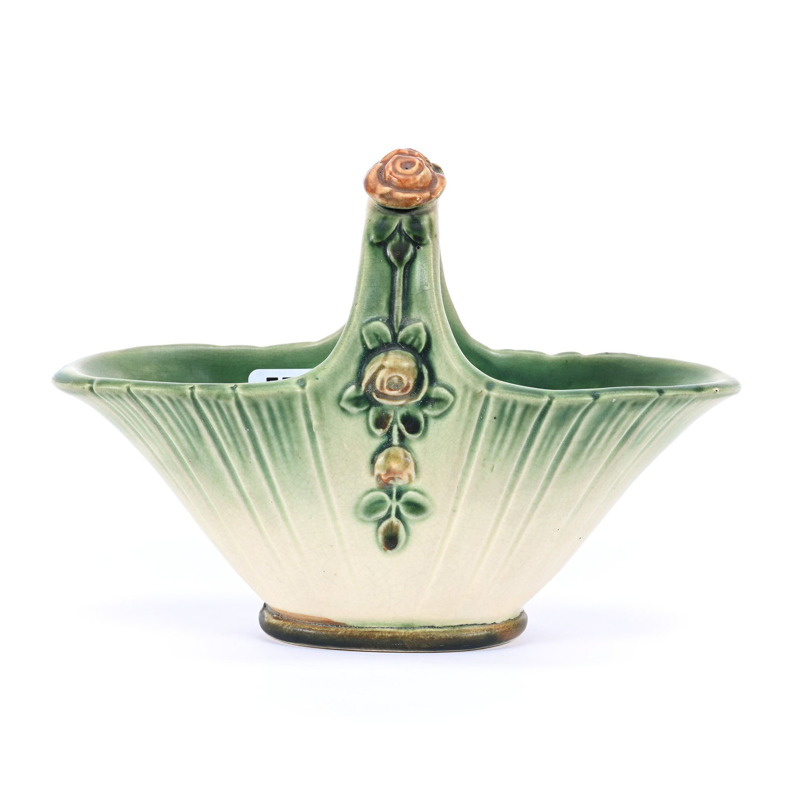 Basket Marked Weller Ware Art Pottery, Florenza Pattern, Green And White Tones: Basket Marked Weller Ware Art Pottery, Florenza Pattern, Green And White Tones, 5.5" x 7.5", Kansas Private Collection.
