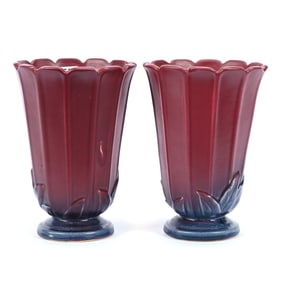 Pair Pedestal Vases Marked Weller Art Pottery, Loru Pattern, Mauve and Lavender Tones