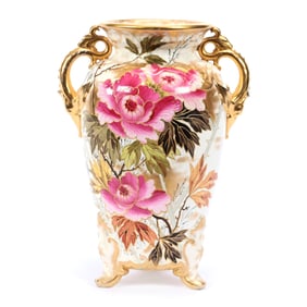 Vase, Footed, Marked Royal Bonn, Two Handles, Cream Tones, Large Pink Floral Decor