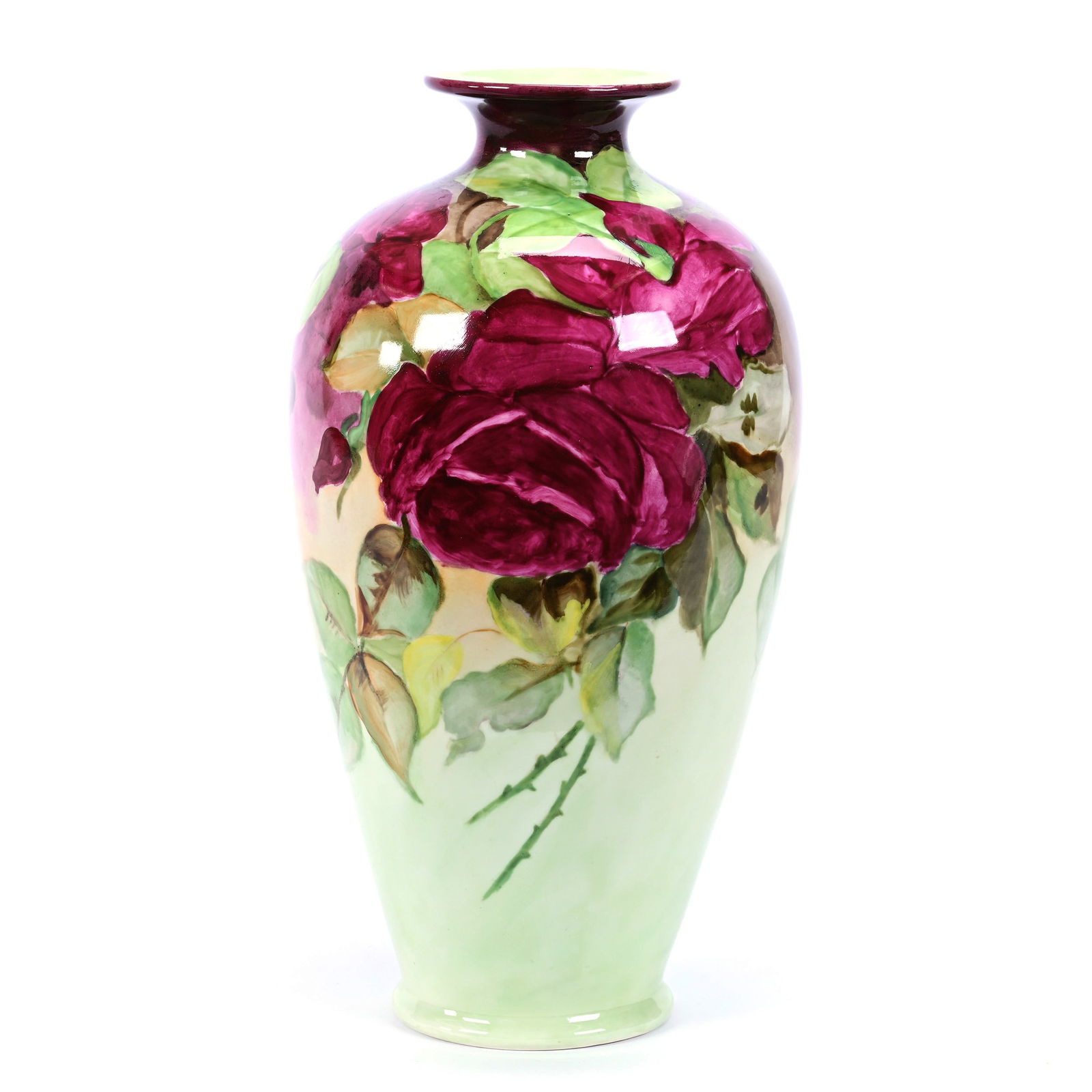 Vase Marked C.A.C. Belleek, Green and Brown Tones, Large Pink Rose Decor (1 of 3)