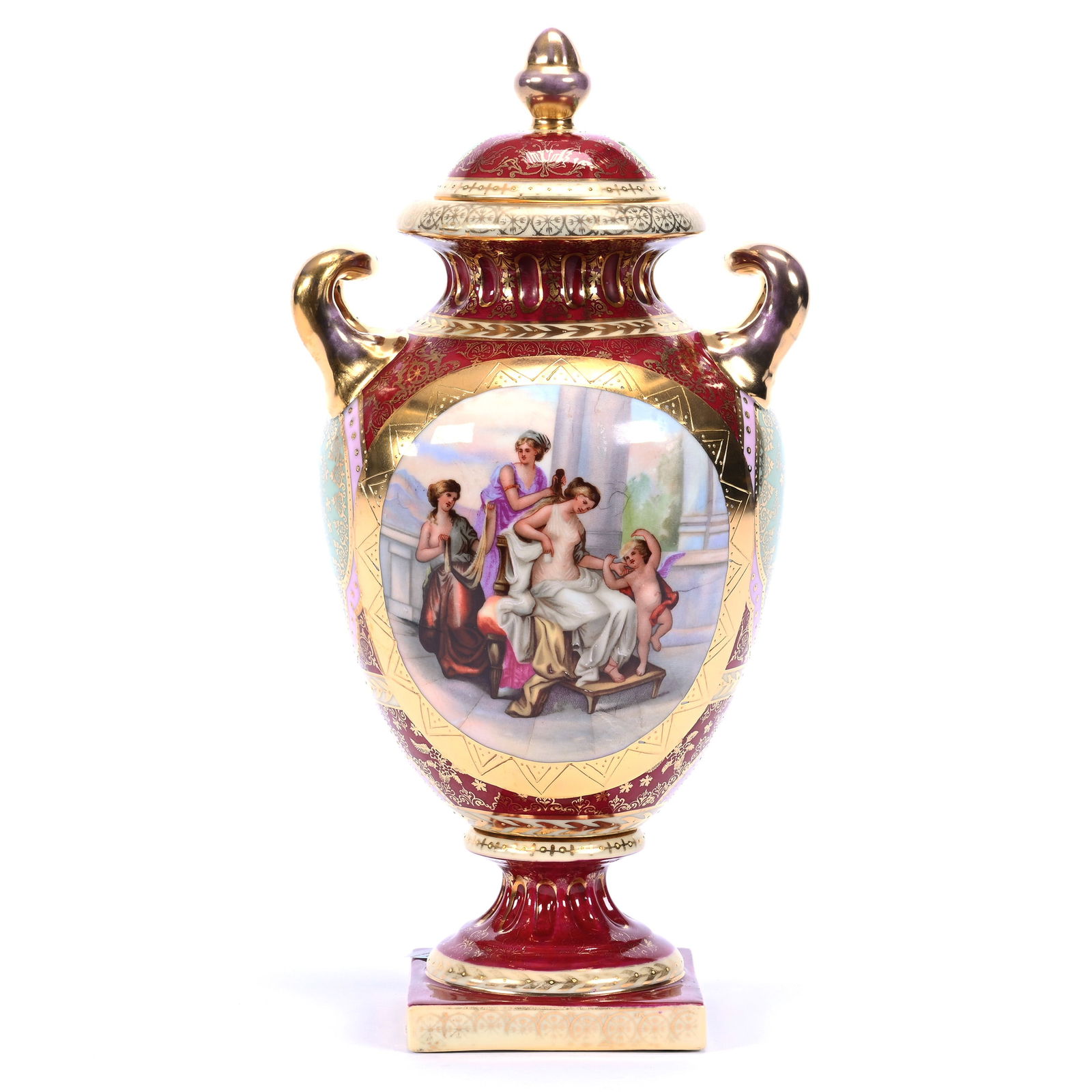 Pedestal Urn Marked Beehive Austria, Classic Medallion Scene Of Three Women And Cherubs (1 of 3)