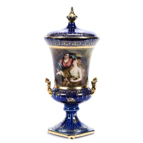 Pedestal Urn Marked R.S. Suhl, Peace Bringing Plenty Scenic Decor, Cobalt Blue Border