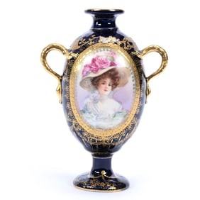 Pedestal Vase Marked Prov Saxe, Medallion Portrait Of Gibson Girl, Cobalt Blue Background
