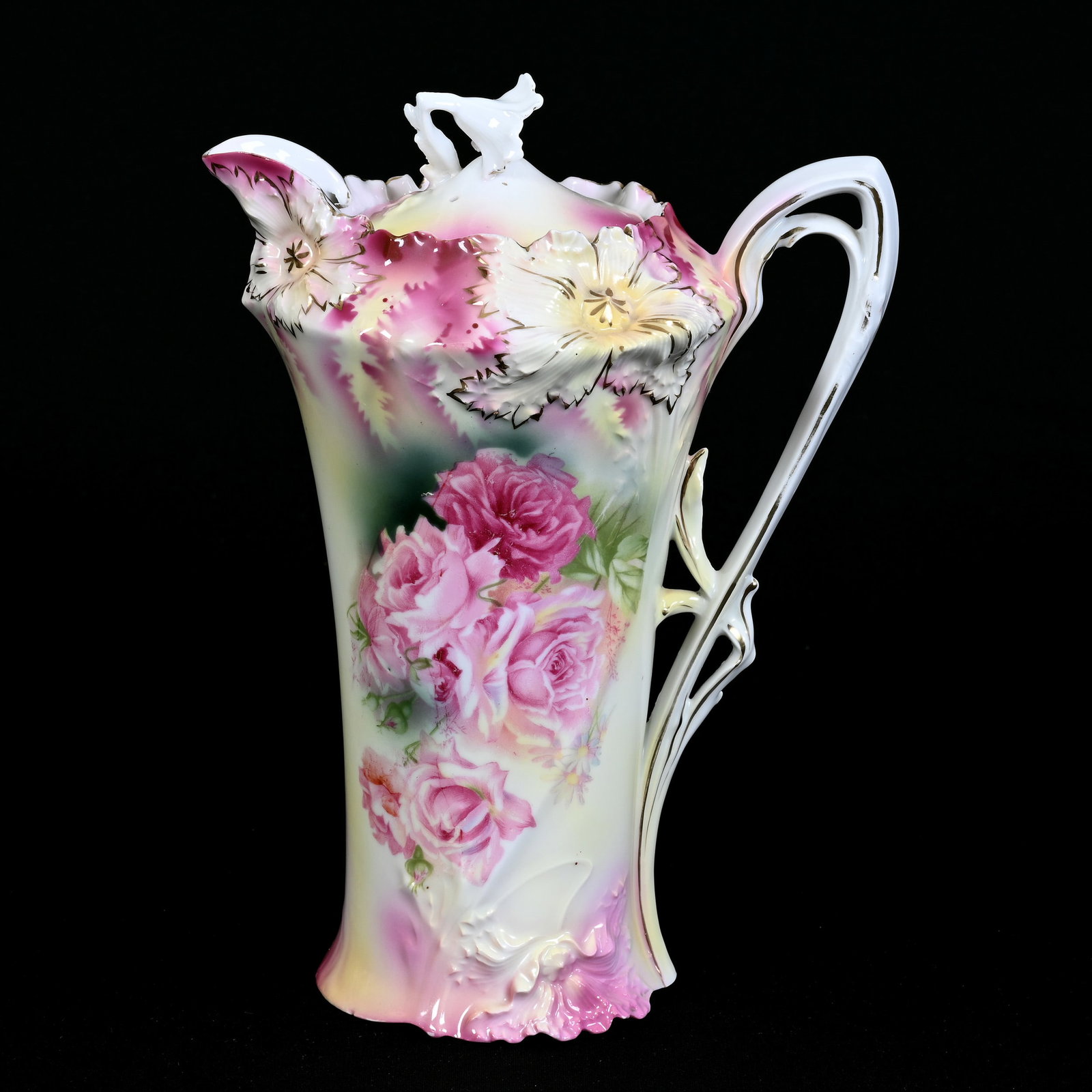Chocolate Pot Marked R.S. Prussia, Carnation Mold: Chocolate Pot Marked R.S. Prussia, Carnation Mold, 10" x 7.25", Pink And Yellow Tones, Pink Rose Decor, Ruth Maxwell Collection, Indiana.