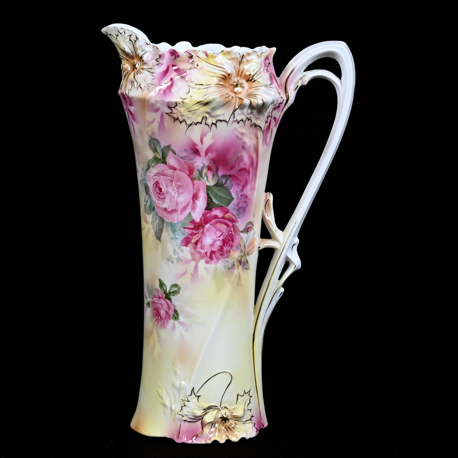 Tankard Marked R.S. Prussia, Pink And Yellow Tones, Pink Rose Decor: Tankard Marked R.S. Prussia, Pink And Yellow Tones, Pink Rose Decor, 13.25" x 8.25", Ruth Maxwell Collection, Indiana.