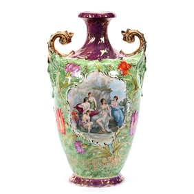 Vase, Two Handles, Marked Royal Saxe, Scene Of Bathing Beauties