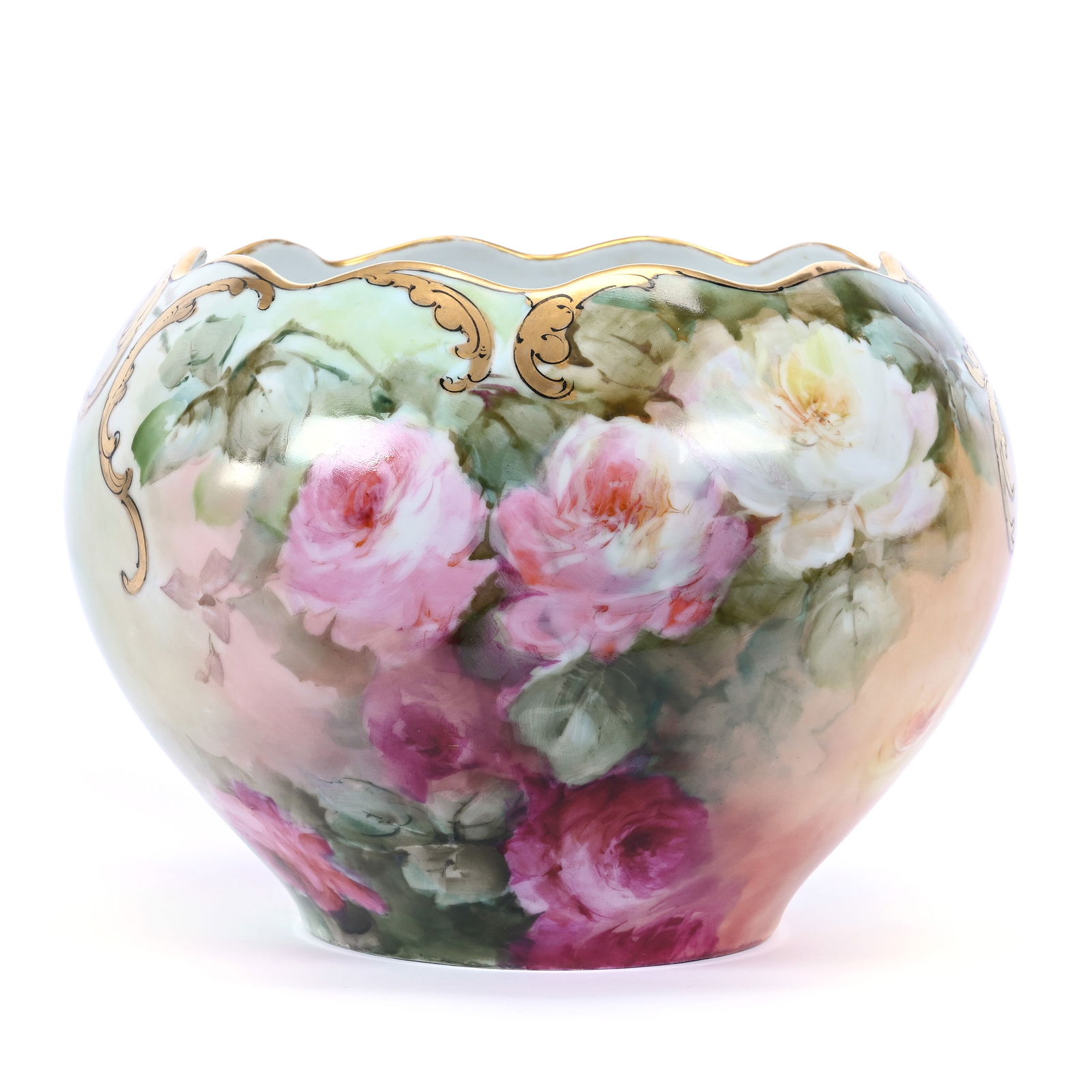 Vase, Unmarked Limoges Porcelain, Green, Cream and Pink Tones, Pink Rose Decor (1 of 3)