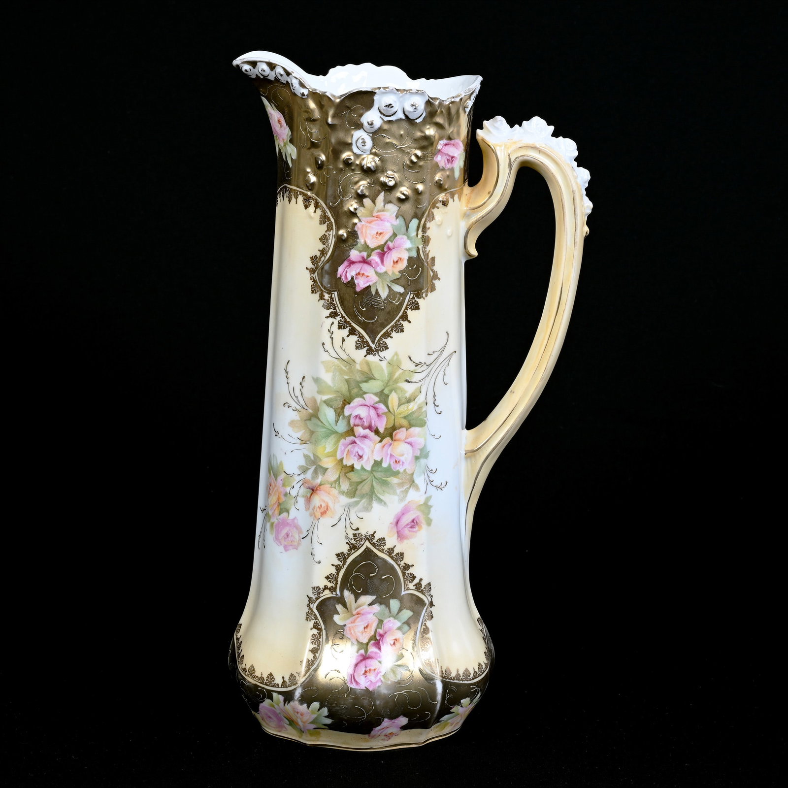 Tankard, R.S. Steeple Mark, Rosebud Mold, Cream and White, Pink Rose Decor, Heavy Gold Border: Tankard, R.S. Steeple Mark, Rosebud Mold, Cream and White, Pink Rose Decor, Heavy Gold Border, 14" x 7.25", Ruth Maxwell Collection, Indiana.