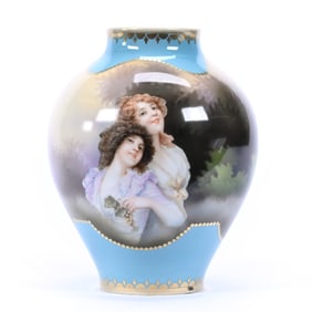 Vase Marked R.S. Suhl, Unusual Scene Of Two Beauties, Pale Blue Border