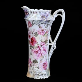 Tankard Marked R.S. Prussia, White, Peach And Lavender Satin Finish, Pink Poppy Decor