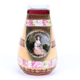 Vase Marked Gainsborough, Medallion Portrait Of Young Woman, Maroon and Gold Border