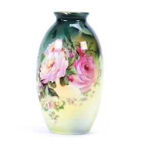 Vase (Unmarked Limoges), Green and Yellow Tones, Pink Rose Decor
