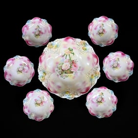 Berry Set Marked R.S. Prussia, Pink and Yellow Tones, Hanging Basket Decor