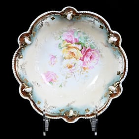 Bowl Marked R.S. Prussia, Cream and Blue Tones, Rose Decor, Bronze Border, Opal Jewel Highlights