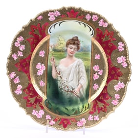 Plate Marked R.S. Prussia, Spring Season Keyhole Portrait, Beautiful Red Border