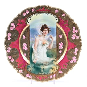 Plate Marked R.S. Prussia, Fall Season Keyhole Portrait, Beautiful Red Border
