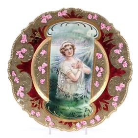 Plate Marked R.S. Prussia, Winter Season Keyhole Portrait, Red Border, Some Gold Wear