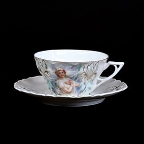 Coffee Cup and Saucer Marked R.S. Prussia, Iris Mold, White and Green Satin Finish, Winter Season