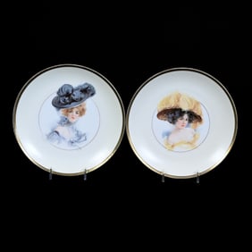 Pair Plates, Prussia Griffin Mark, Gibson Girl Portraits, (1) Yellow Plume, (1) Blue Plume