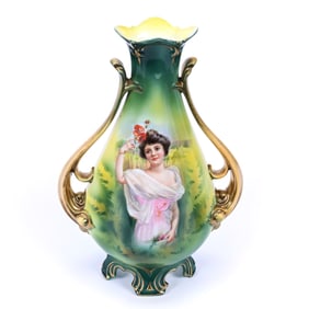 Vase, Two Handles, Marked R.S. Prussia, Summer Season Portrait, Green and Yellow Tones