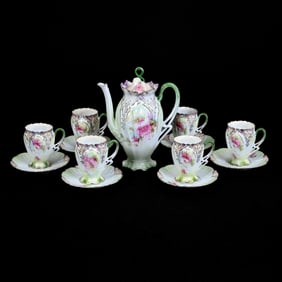 Demitasse Set Marked R.S. Prussia, Green, Cream and Lavender Tones, Floral Decor