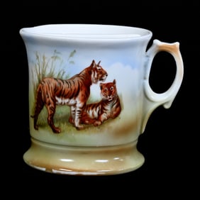 Shaving Mug, Unmarked Germany, Blue, White and Green Tones, Tiger Scenic Decor