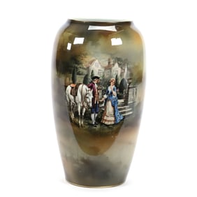 Vase, Unmarked R.S. Suhl, Rare Courting Scene Decor, Green, Brown and Cream Tones